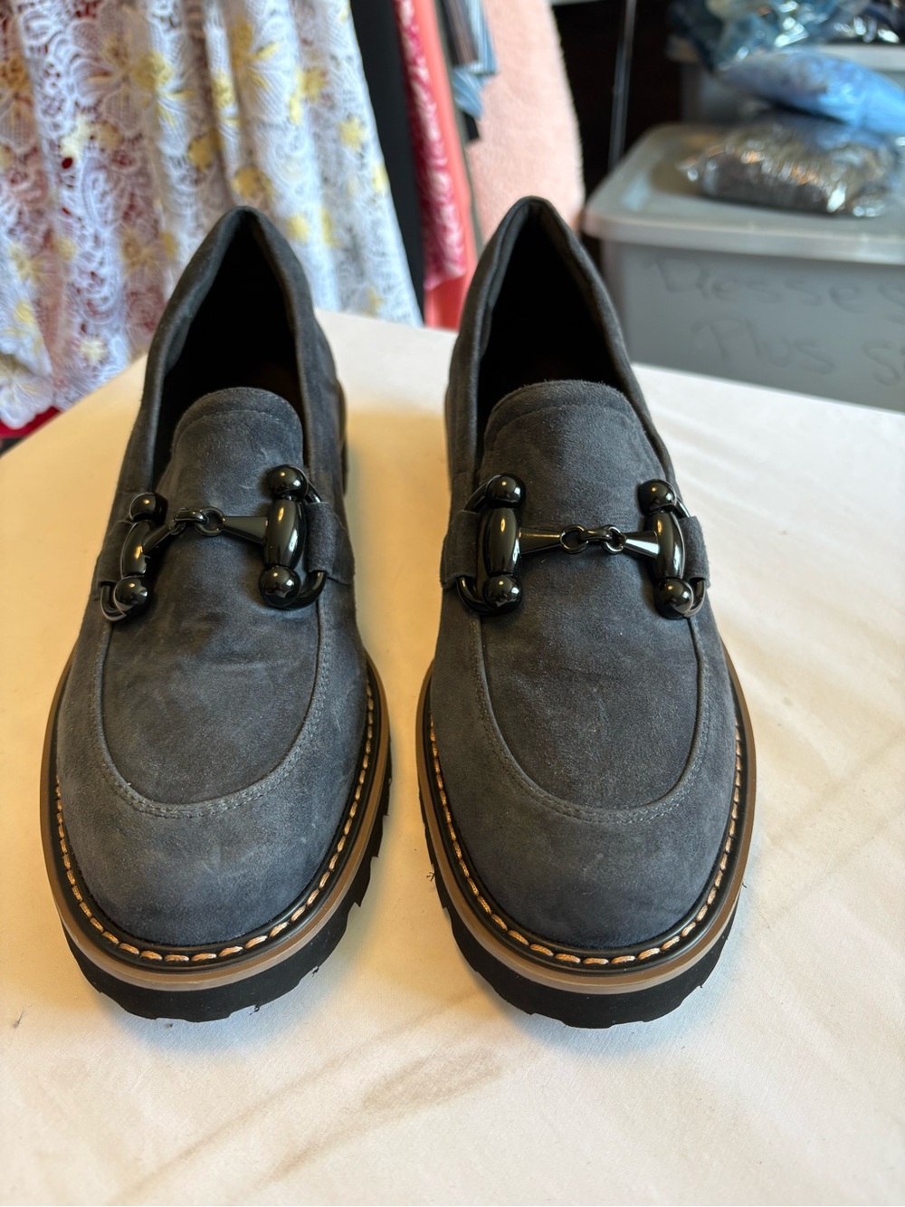 Vaneli Blue Suede Loafers with Bit Detail